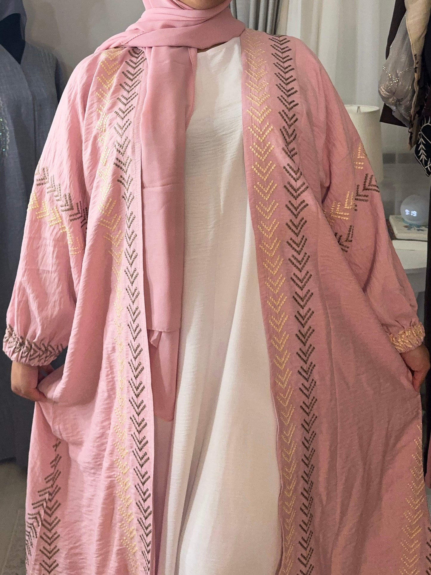 Gold Embroidered Open Abaya - Pink