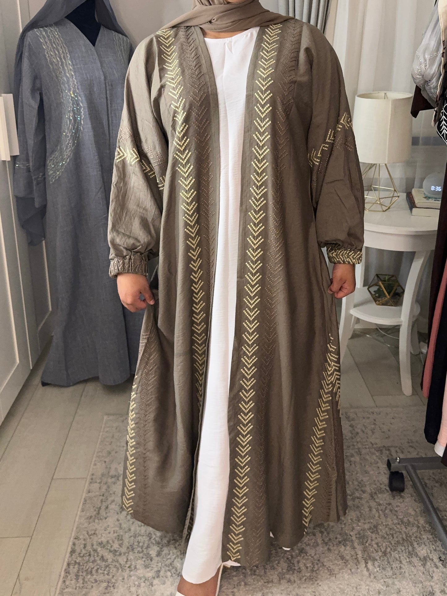 Gold Embroidered Open Abaya - Gray
