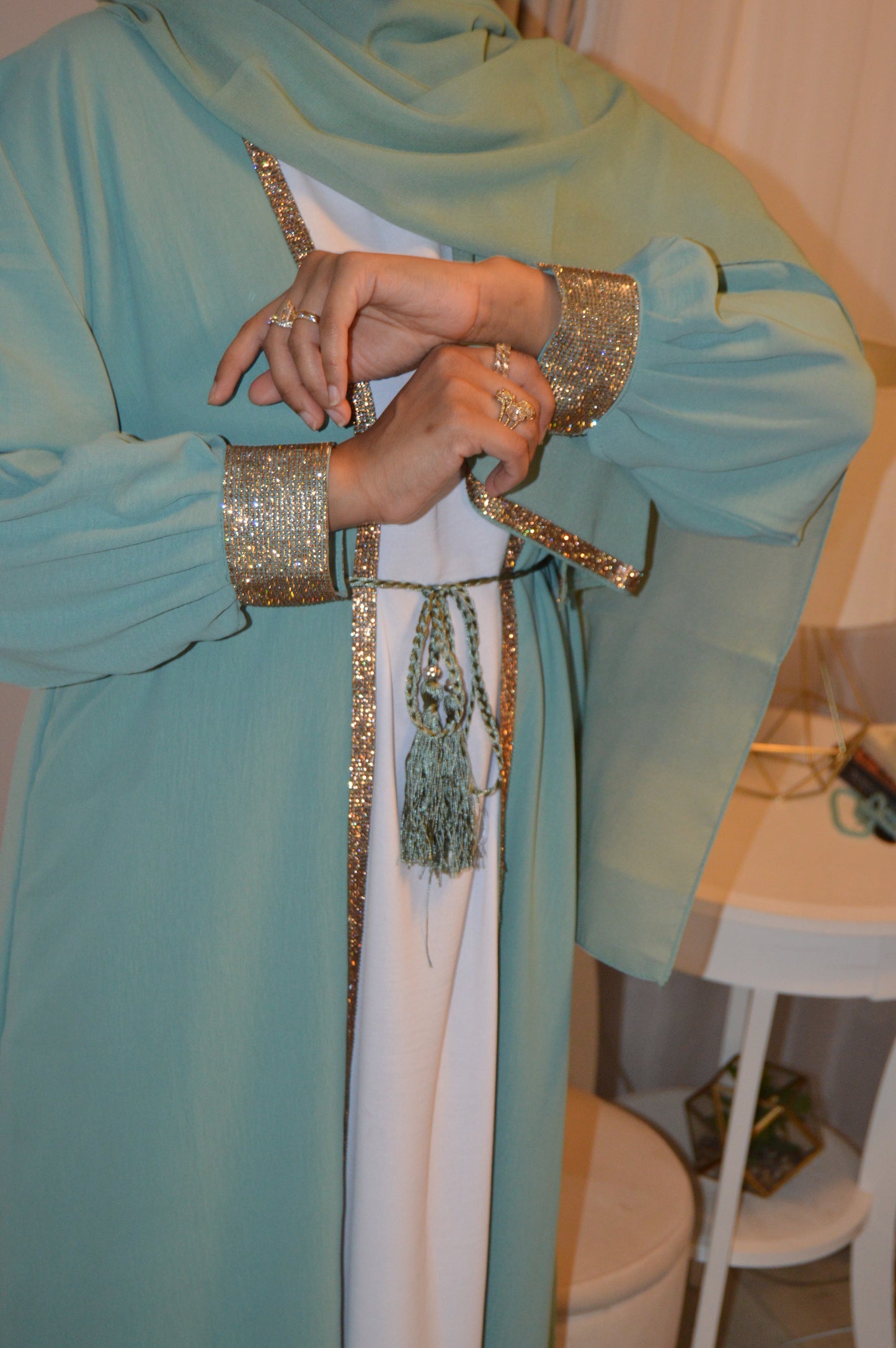 Cuffed Sleeve Open Abaya - Turquoise
