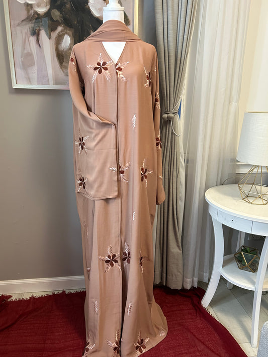 Alisha Abaya - Embroidered 2-Piece Set - Tan