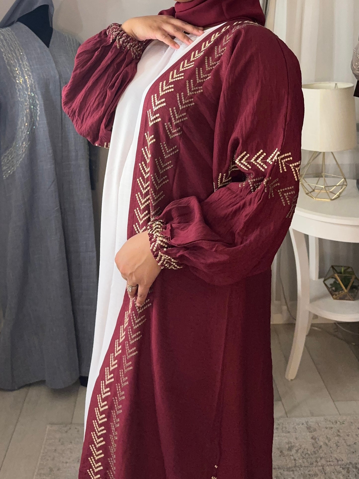 Gold Embroidered Open Abaya - Maroon