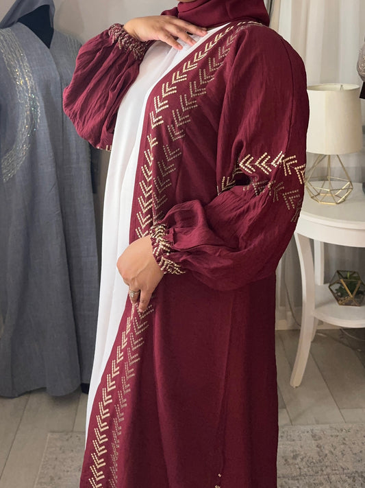 Gold Embroidered Open Abaya - Maroon