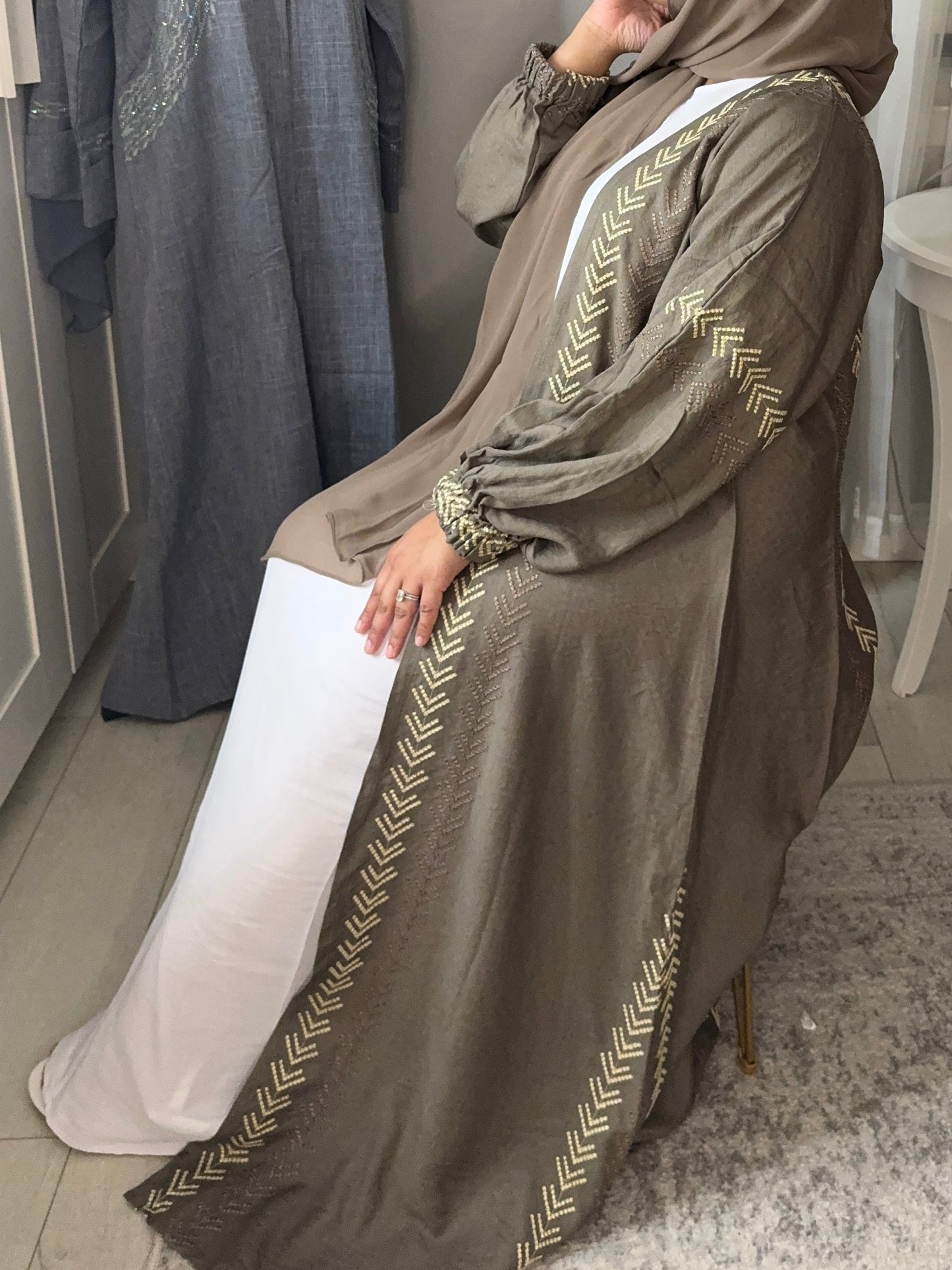 Gold Embroidered Open Abaya - Gray