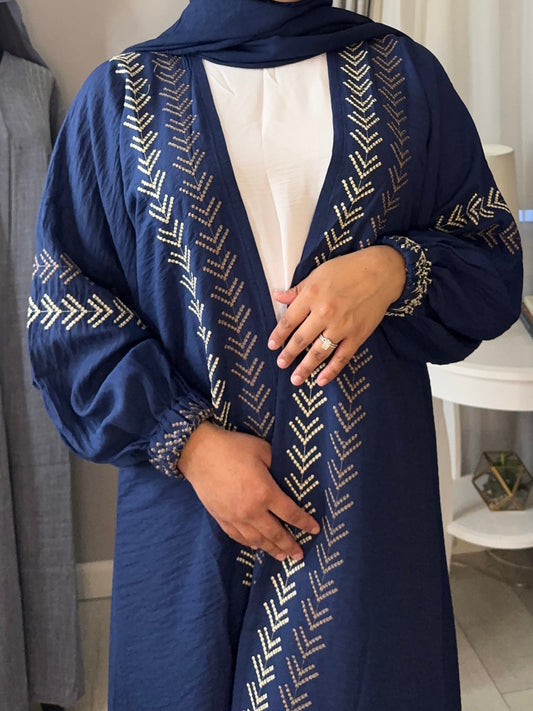 Gold Embroidered Open Abaya - Blue