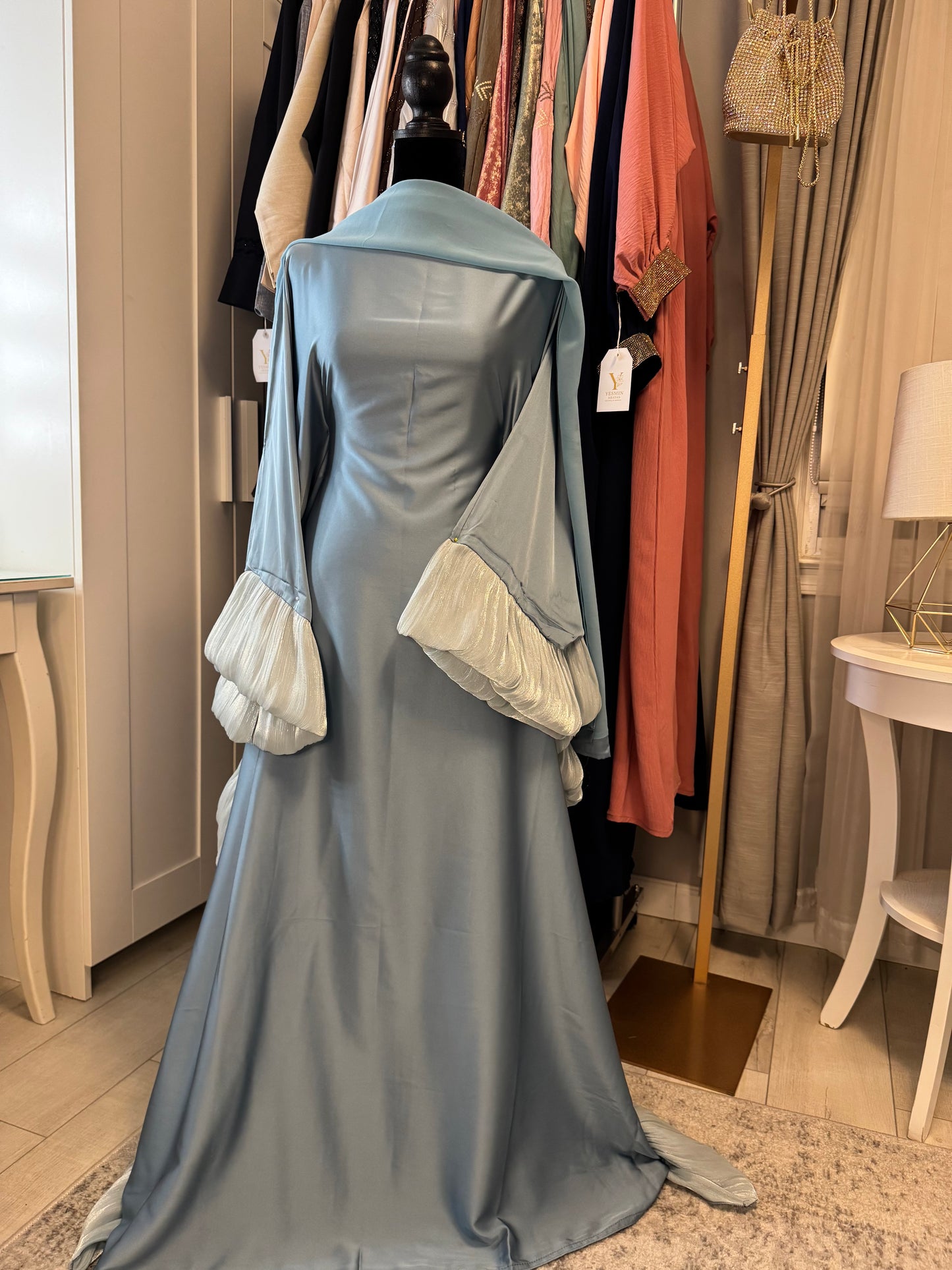 Satin Meera Abaya with Double Pleated Sleeves - Light Blue