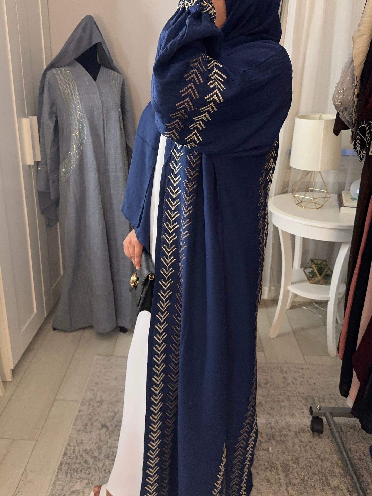 Gold Embroidered Open Abaya - Blue