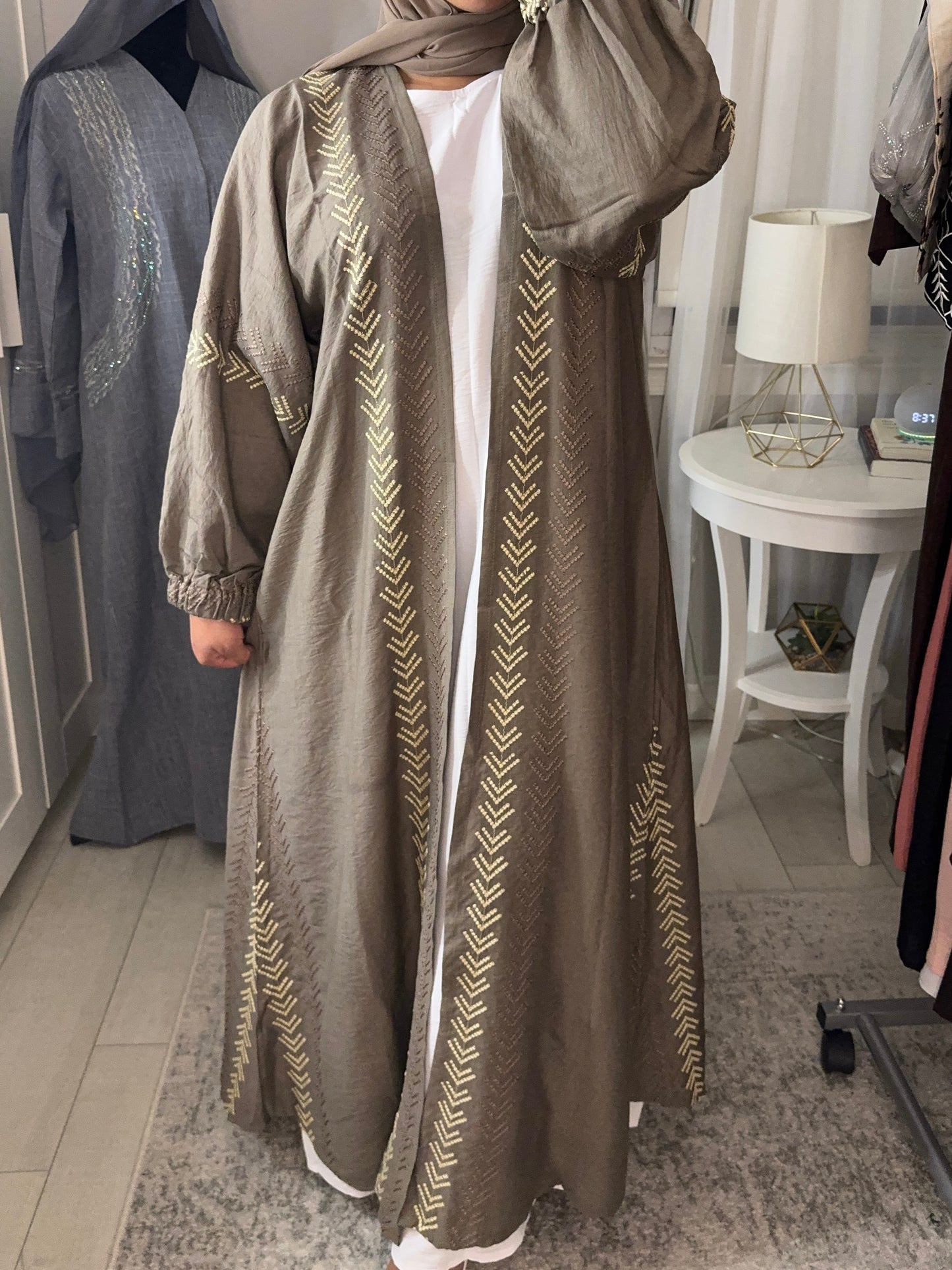 Gold Embroidered Open Abaya - Gray