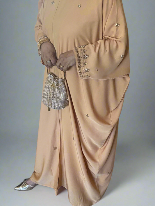 Shahana Abaya with Hand-Stitched Stone Work - Sand