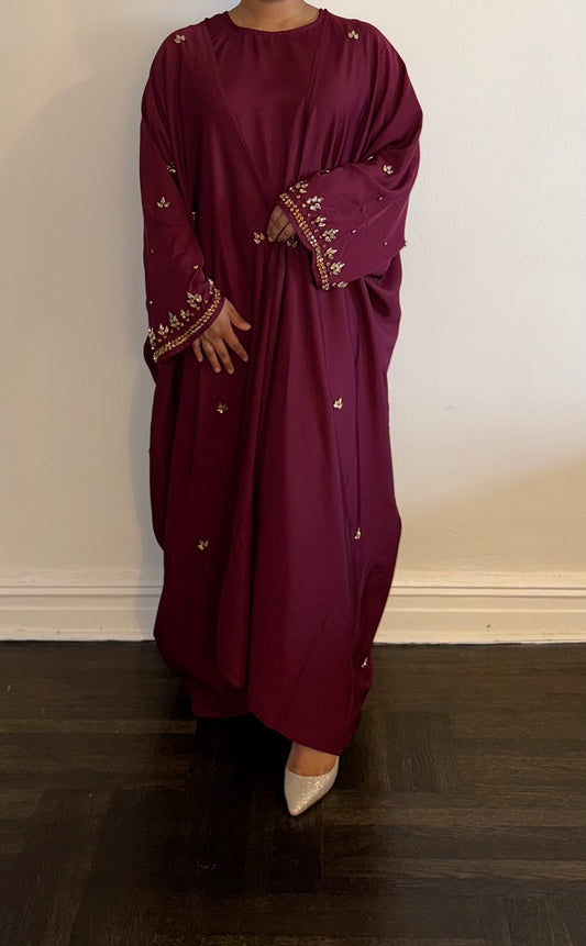 Shahana Abaya with Hand-Stitched Stone Work - Maroon