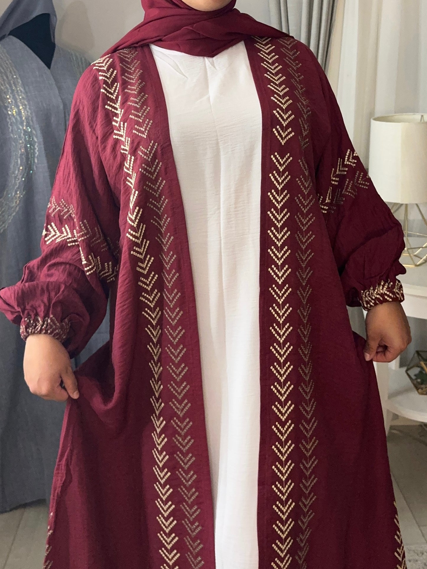 Gold Embroidered Open Abaya - Maroon