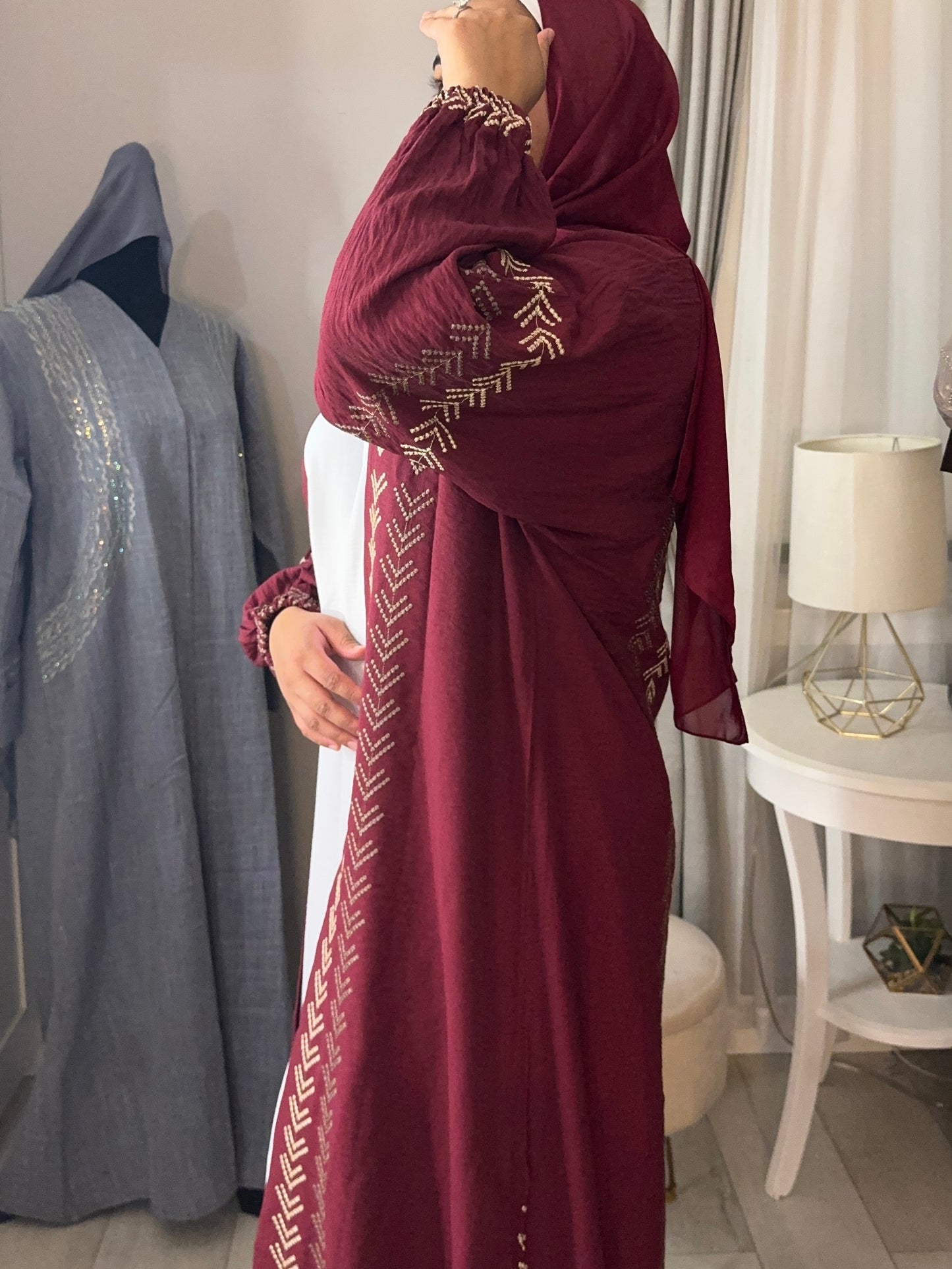 Gold Embroidered Open Abaya - Maroon
