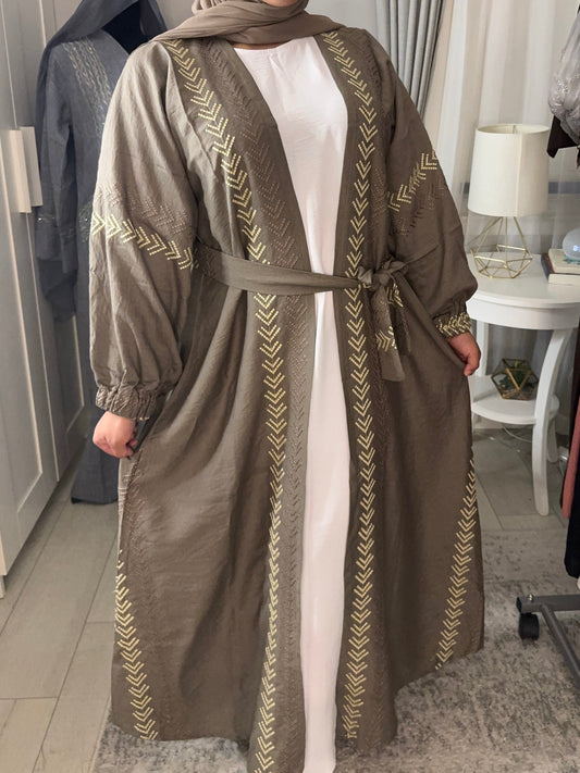 Gold Embroidered Open Abaya - Gray