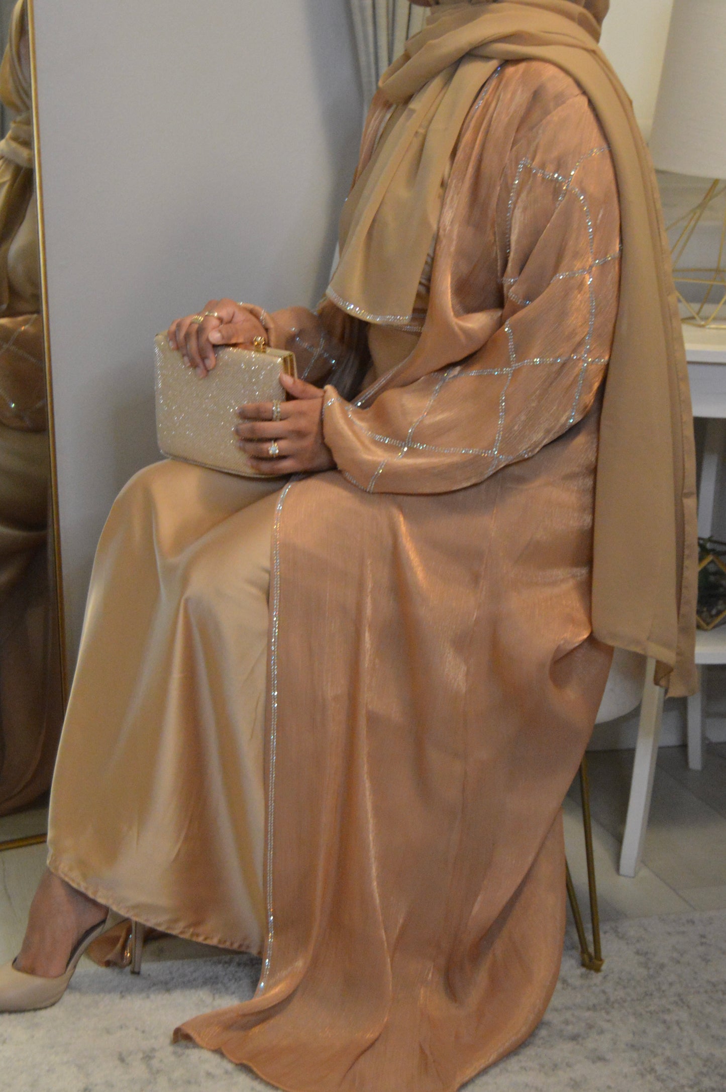 Balloon Sleeve Organza Abaya  - Gold