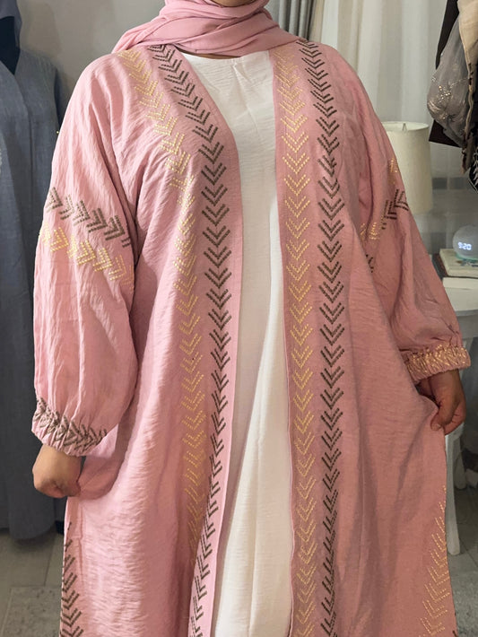 Gold Embroidered Open Abaya - Pink