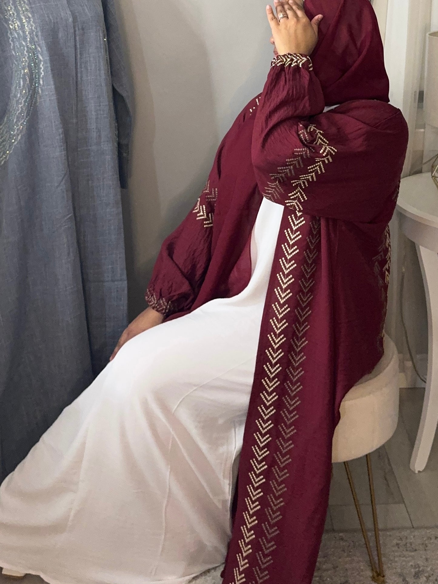 Gold Embroidered Open Abaya - Maroon