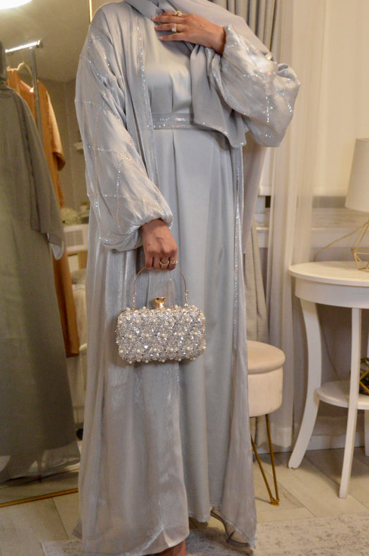 Balloon Sleeve Organza Abaya  - Gray