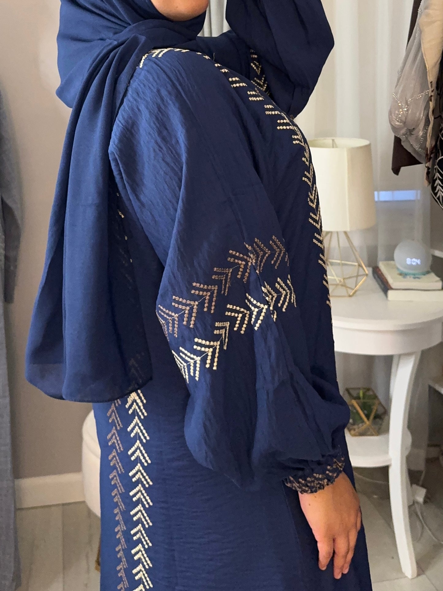 Gold Embroidered Open Abaya - Blue