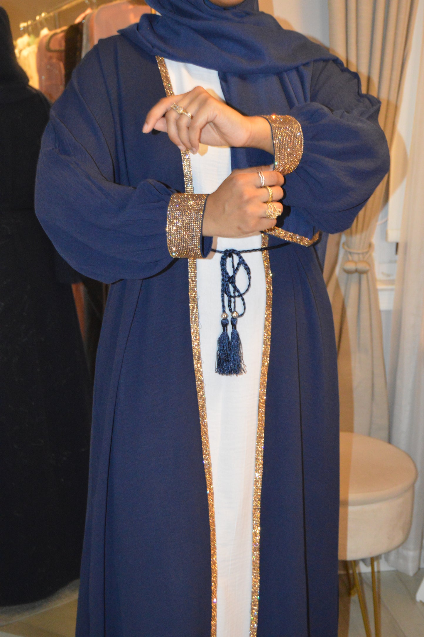 Cuffed Sleeve Open Abaya - Navy Blue