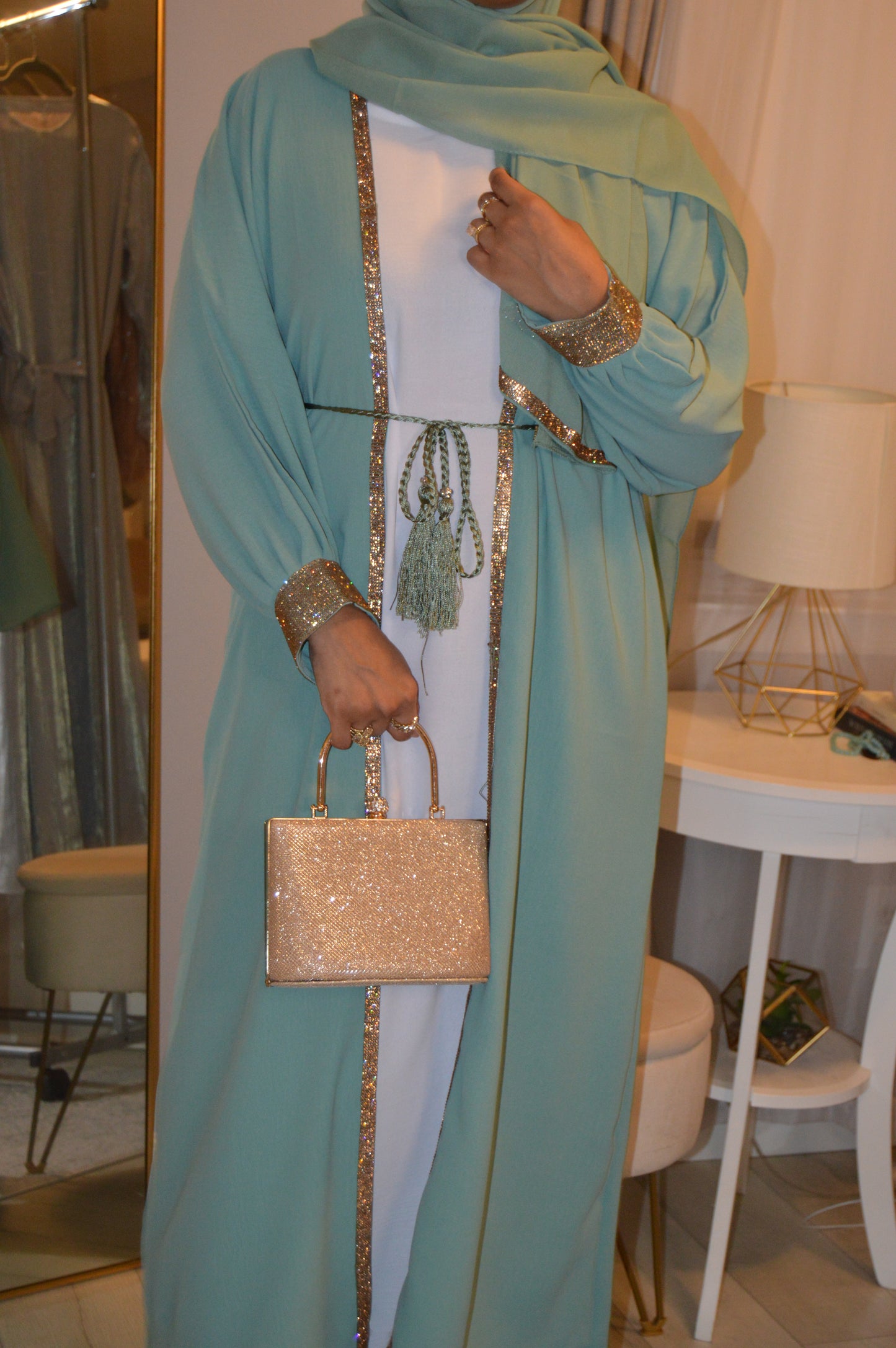 Cuffed Sleeve Open Abaya - Turquoise