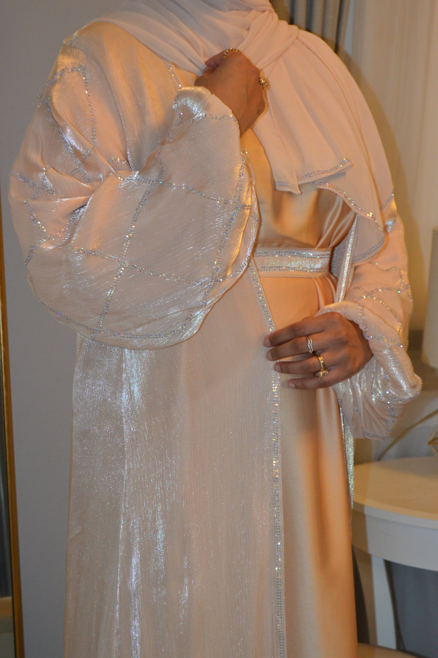 Balloon Sleeve Organza Abaya  - Peach