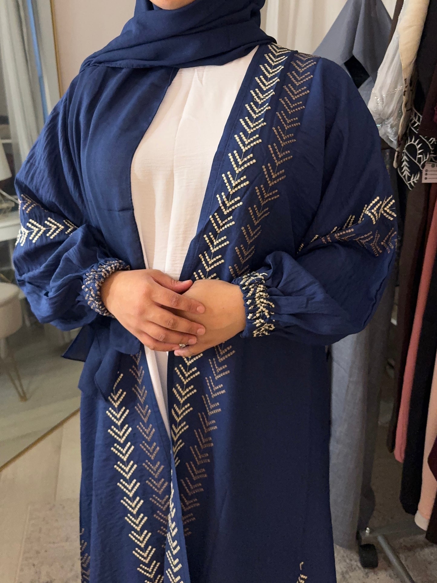 Gold Embroidered Open Abaya - Blue