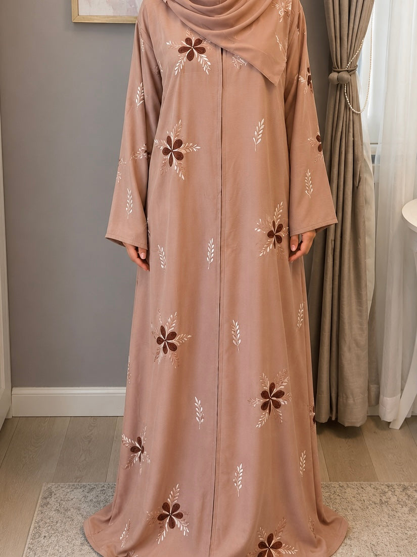 Alisha Abaya - Embroidered 2-Piece Set - Tan