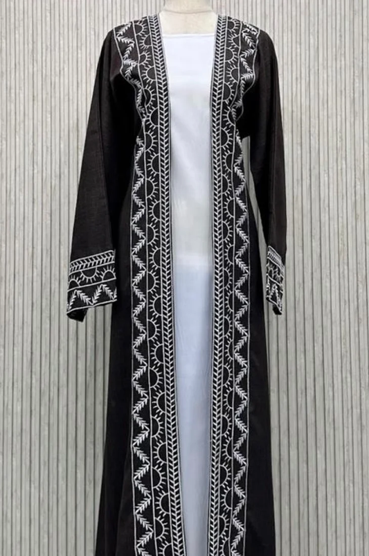 Elegant Black Embroidered 3-Piece Abaya
